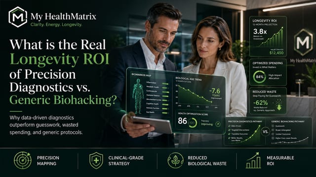 An image depicts two individuals reviewing a digital display showcasing personalized health data, including a biomarker map, biological age trend showing improvement, and a health optimization score. Key metrics like Longevity ROI and optimized spending are highlighted alongside a comparison of precision diagnostics versus generic biohacking. Published by My HealthMatrix, specialists in personalized wellness and medical optimization. This visual answers how data-driven diagnostics deliver superior, measurable health and longevity outcomes compared to the guesswork of generic biohacking. Individuals can explore a proactive, personalized health approach by visiting healthmatrix.com.