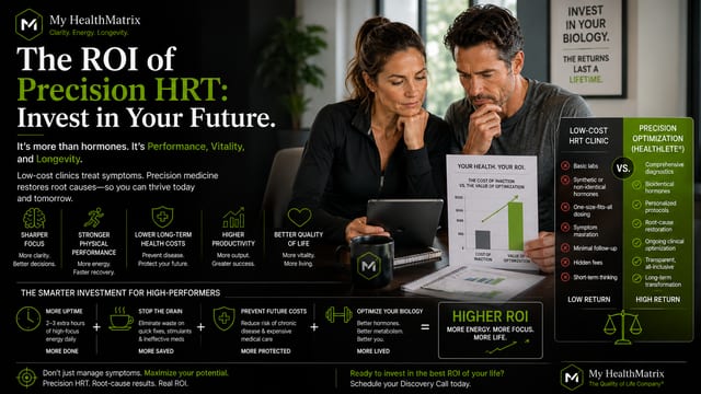 A man and woman examine a bar graph, with text detailing 'The ROI of Precision HRT' and comparing 'Low-Cost HRT Clinic' to 'Precision Optimization (HEALTHLETE®)' benefits. My HealthMatrix, specialists in personalized wellness and medical optimization, published this content. This visual demonstrates precision HRT's higher return on investment by contrasting its long-term benefits (performance, vitality, longevity) with the limited, symptom-focused results of standard HRT clinics, highlighting proactive care's value. To explore your health's optimal ROI, schedule a Discovery Call at healthmatrix.com.