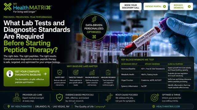 A close-up of a gloved hand holding a blood sample tube labeled "Peptide Therapy Diagnostic Panel," with a rack of other blood sample tubes in the background. The image also displays text and infographics explaining diagnostic standards. Published by My HealthMatrix, a personalized wellness and medical optimization center specializing in advanced lab testing and peptide therapy. This visual directly addresses the article's question by showcasing the specific diagnostic panel used and outlining key blood markers tested and their clinical purpose, emphasizing the data-driven approach. It highlights why baseline labs are crucial for safe, targeted, and effective peptide optimization. Individuals can get a complete diagnostic baseline to ensure safe and effective peptide optimization by visiting healthmatrix.com.