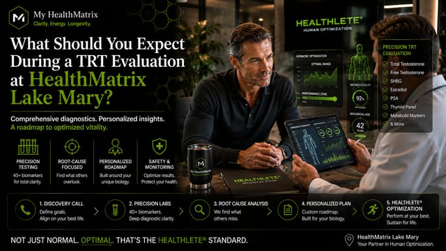 A man views a tablet displaying "Biomarker Summary" data and charts, with a hand pointing. Text lists "Precision TRT Evaluation" factors like Total Testosterone and Metabolic Markers. Published by My HealthMatrix, a personalized wellness and medical optimization center. This visual illustrates their data-driven TRT evaluation, showing comprehensive biomarker analysis for hormone and metabolic health insights. To learn about their proactive, personalized health approach, visit healthmatrix.com.