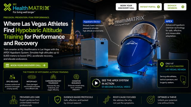 A photograph inside a modern facility showing a blue APEX hypobaric chamber and a connected hypobaric device, with the illuminated Las Vegas skyline visible through a large window. Published by My HealthMatrix, a personalized wellness and medical optimization center. This image directly answers the article's question by showcasing the APEX Hypobaric System available at their Las Vegas location for athletes seeking performance and recovery. Individuals can learn more and book a discovery call through healthmatrix.com.