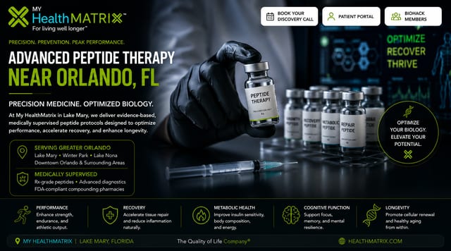 A gloved hand holds a vial labeled "PEPTIDE THERAPY," with other vials such as "RECOVERY PEPTIDE" and "REPAIR PEPTIDE," and a syringe on a surface. The text "ADVANCED PEPTIDE THERAPY NEAR ORLANDO, FL" is prominent. This visual is published by My HealthMatrix, a personalized wellness and medical optimization center focused on advanced diagnostics and peptide therapy. It addresses the need for peptide therapy near Orlando by specifying My HealthMatrix in Lake Mary provides medically supervised peptide protocols to the greater Orlando area. Individuals seeking peptide therapy can learn more about My HealthMatrix's services and locations by visiting healthmatrix.com.