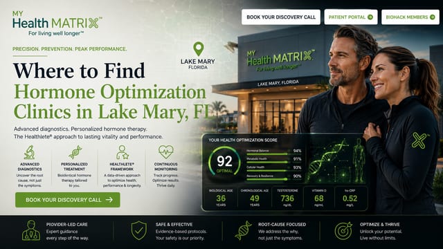 A graphic displaying the title "Where to Find Hormone Optimization Clinics in Lake Mary, FL," featuring a healthy man and woman, and a My HealthMatrix clinic building in Lake Mary. It highlights a "YOUR HEALTH OPTIMIZATION SCORE" with details on hormonal balance and testosterone levels. Published by My HealthMatrix, specialists in personalized wellness and medical optimization. This image directly answers the question by showing their Lake Mary location and their data-driven method for hormone optimization. Readers can explore services and book a discovery call at healthmatrix.com to begin their journey.