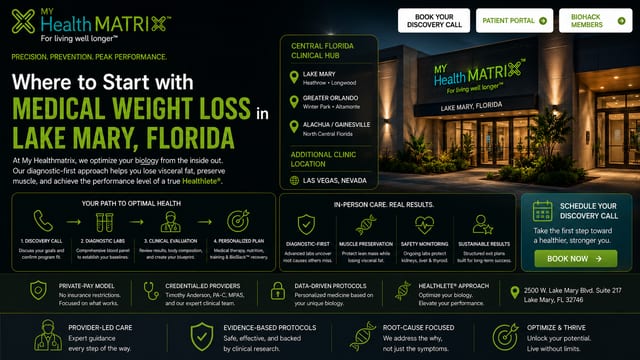 A visual of the My HealthMatrix clinic building in Lake Mary, Florida, at night, accompanied by text detailing a four-step path to optimal health, key medical services, and clinic locations. Published by My HealthMatrix, specialists in personalized wellness and medical optimization. This image outlines how to start medical weight loss in Lake Mary by showcasing their structured, diagnostic-first approach and local facility. Individuals can learn more and schedule a discovery call via the healthmatrix.com website to begin.
