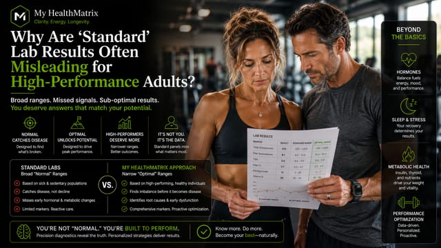 A man and a woman in athletic wear examining a lab results sheet in a fitness setting. The document compares "Standard Range" and "Optimal Range" for various health markers. The image also includes overlaid text explaining the limitations of standard lab results versus an advanced diagnostic approach. Published by My HealthMatrix, a personalized wellness and medical optimization center for high-performance adults. This visual illustrates how standard lab ranges often fail high-performance individuals by presenting a comparison of broad "normal" ranges against narrower "optimal" ranges, suggesting that traditional results can be misleading for those seeking peak vitality and performance. Individuals can explore advanced lab testing and personalized health strategies to achieve their optimal well-being by visiting healthmatrix.com.