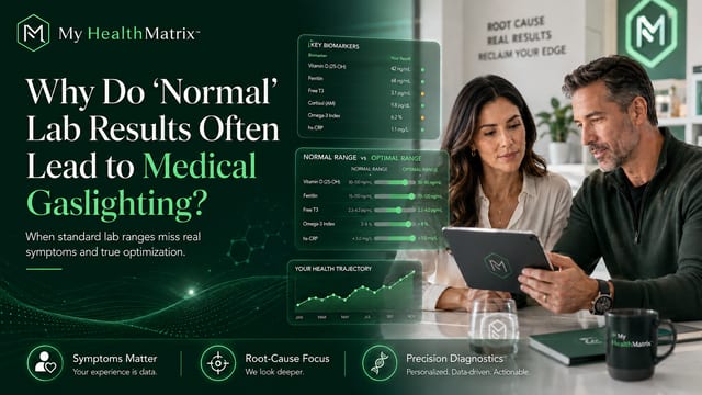 A man and a woman are reviewing a tablet displaying key biomarker results, including Vitamin D, Ferritin, and Cortisol. On-screen graphics compare 'Normal Range vs Optimal Range' for these markers and show an upward 'Health Trajectory' graph. This content is published by My HealthMatrix, specialists in personalized wellness and medical optimization. The visual comparison of 'normal' versus 'optimal' lab ranges illustrates how patients with suboptimal health can be dismissed, explaining medical gaslighting and emphasizing a data-driven approach to root causes. Individuals can explore advanced diagnostics and personalized health solutions at healthmatrix.com for a more proactive approach.