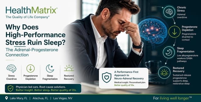 A man with his hand on his head, looking stressed, next to a detailed diagram illustrating the cycle of chronic stress leading to progesterone depletion, sleep fragmentation, and the potential for restored recovery. Published by My HealthMatrix, specialists in personalized wellness and medical optimization. This visual explains how high-performance stress ruins sleep by detailing the adrenal-progesterone connection and its physiological impact on sleep quality. Individuals can find physician-led, root-cause solutions and personalized plans for better sleep and overall vitality at healthmatrix.com.