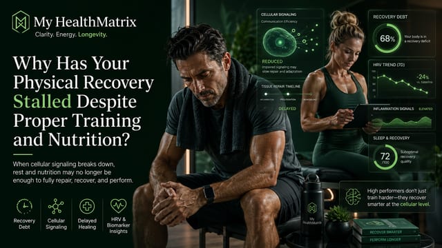 A visual depicting a fatigued man sitting after a workout, with a woman in the background examining a tablet, alongside various data graphics related to biological recovery metrics. This content is published by My HealthMatrix, specialists in personalized wellness and medical optimization. It illustrates how factors like reduced cellular signaling, delayed tissue repair, recovery debt, and suboptimal sleep quality can stall physical recovery despite proper training and nutrition. Individuals can explore personalized, data-driven health solutions to identify and address the root causes of their stalled recovery by visiting healthmatrix.com.