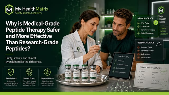 A medical professional shows a patient a peptide therapy vial, with other "MEDICAL-GRADE" peptide vials on a tray, alongside graphics detailing superior purity, sterility, and clinical supervision versus research-grade risks. Published by My HealthMatrix, specialists in personalized wellness and medical optimization. This visual directly explains why medical-grade peptide therapy is safer and more effective. Discover personalized health solutions and provider-guided peptide therapy at healthmatrix.com.