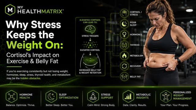 A photograph of a woman in athletic wear looking at her abdomen with an expression of frustration or concern, overlaid with scientific graphics. The graphics detail how stress triggers lead to elevated cortisol, causing increased belly fat and weight retention, and list contributing factors like poor sleep, hormones, and metabolism. Published by My HealthMatrix, a personalized wellness and medical optimization center specializing in root cause health solutions for energy, metabolism, and longevity. This visual content illustrates the article's premise that persistent weight, especially belly fat, can be due to hidden obstacles like stress-induced cortisol, even with consistent exercise. Individuals can address these challenges through personalized health strategies, including hormone health, sleep optimization, stress support, and metabolic insights available at healthmatrix.com.